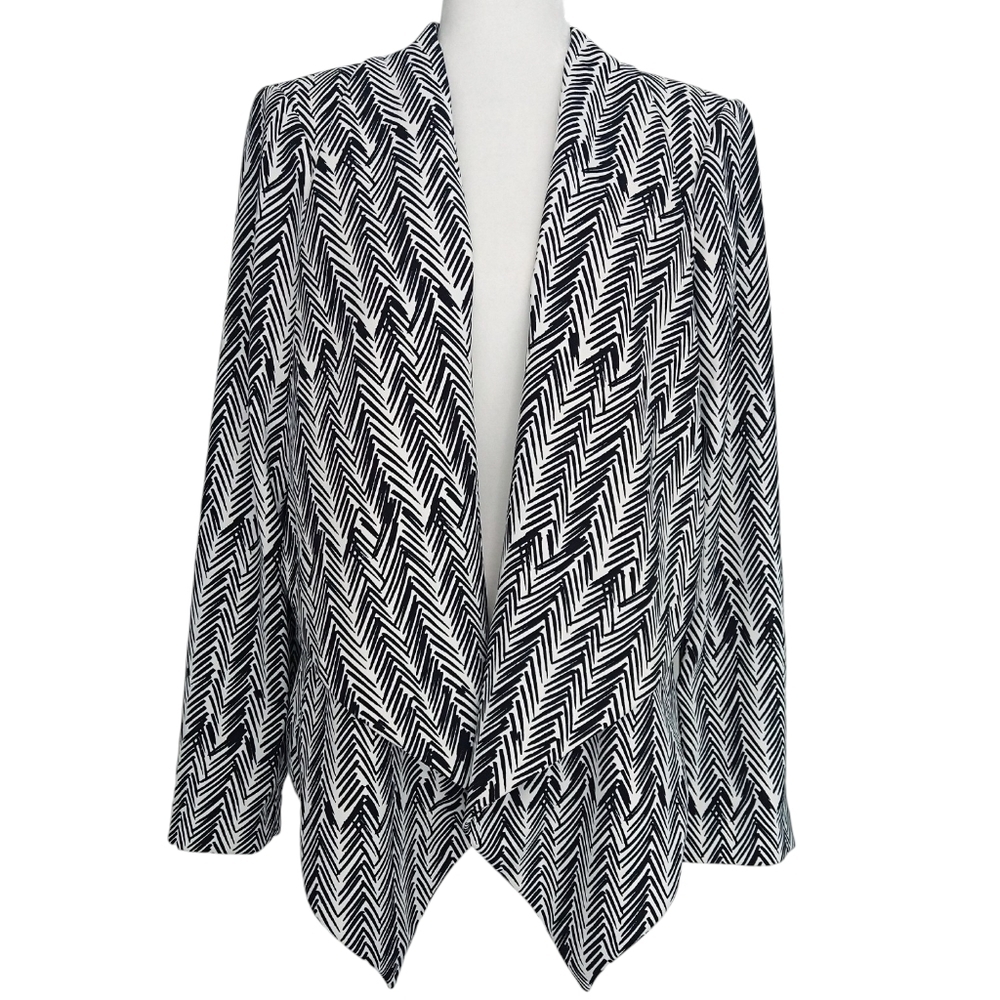 Calvin Klein White Black Chevron Open Drape Front Blazer Pockets Office Modern
